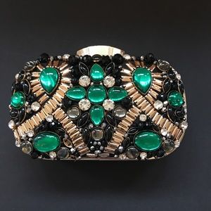 ALDO Beaded Hard Clutch Black Gold Green Jewels
